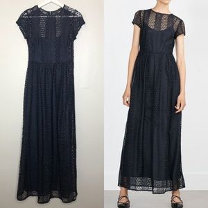 Zara Basic guipure crochet lace navy maxi dress